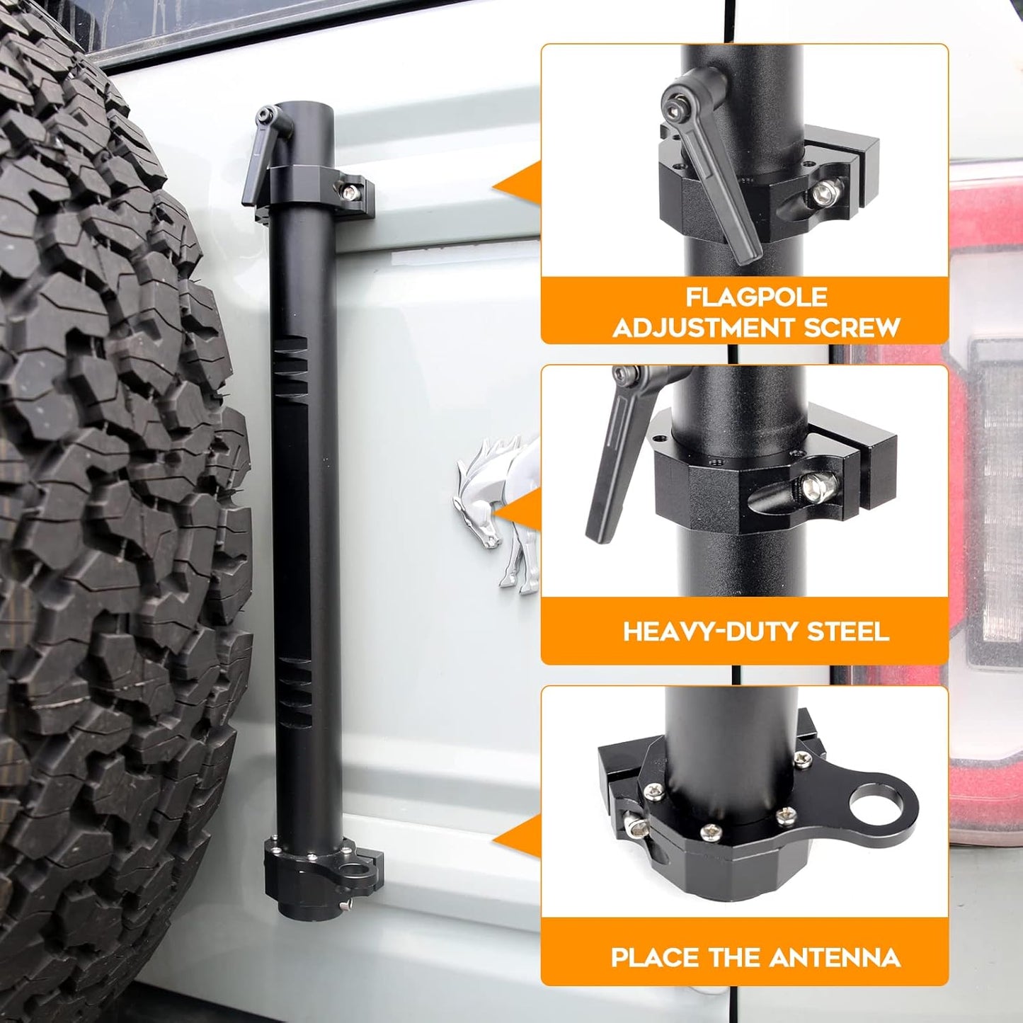 Antenna Mount & Tailgate Hinge Mount Single Flag Compatible with Ford Bronco 2021 2022, Aluminum, No Drilling(Black)