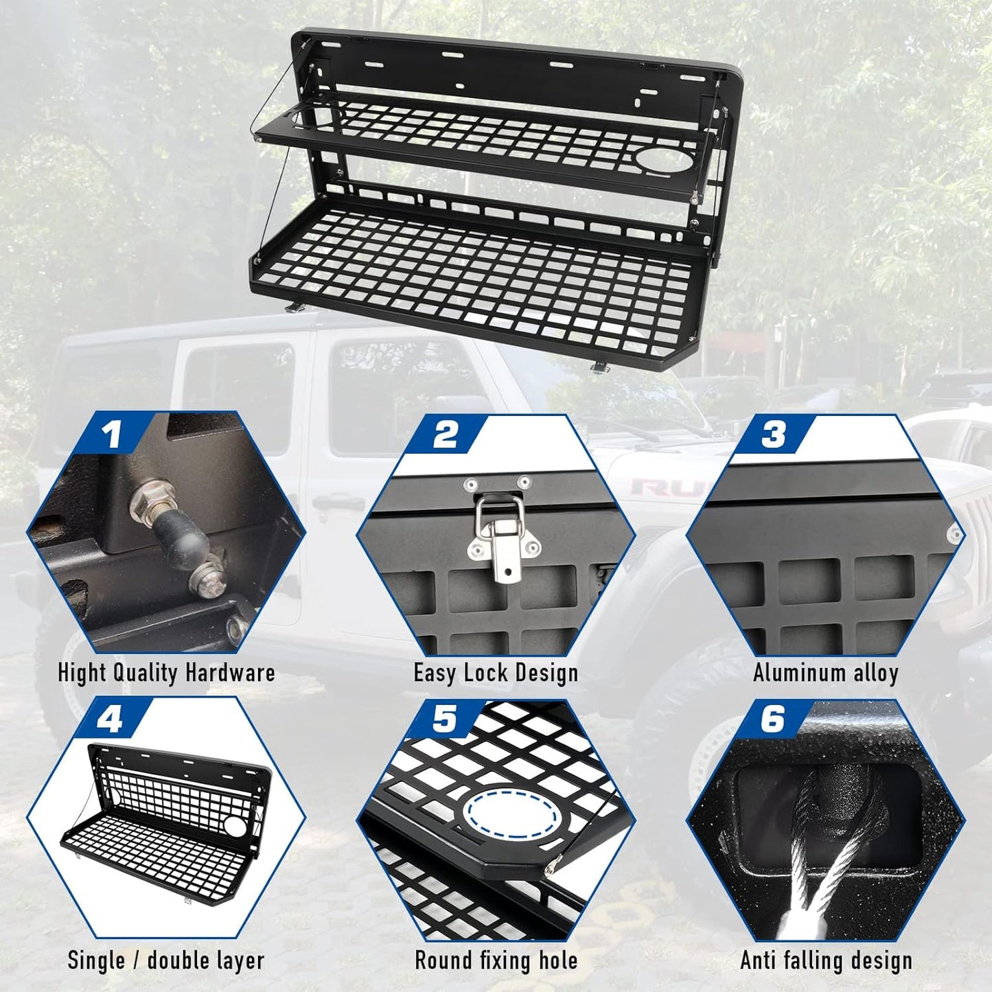 2-Tier Tailgate Table Rear Foldable Storage Cargo Rack Outdoor Camping Desk for 2007-2022 Jeep Wrangler JK&JL 4 Door (Not Fit JK Models with Stock Subwoofer)
