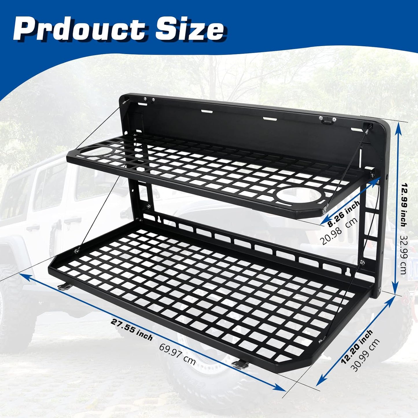 2-Tier Tailgate Table Rear Foldable Storage Cargo Rack Outdoor Camping Desk for 2007-2022 Jeep Wrangler JK&JL 4 Door (Not Fit JK Models with Stock Subwoofer)