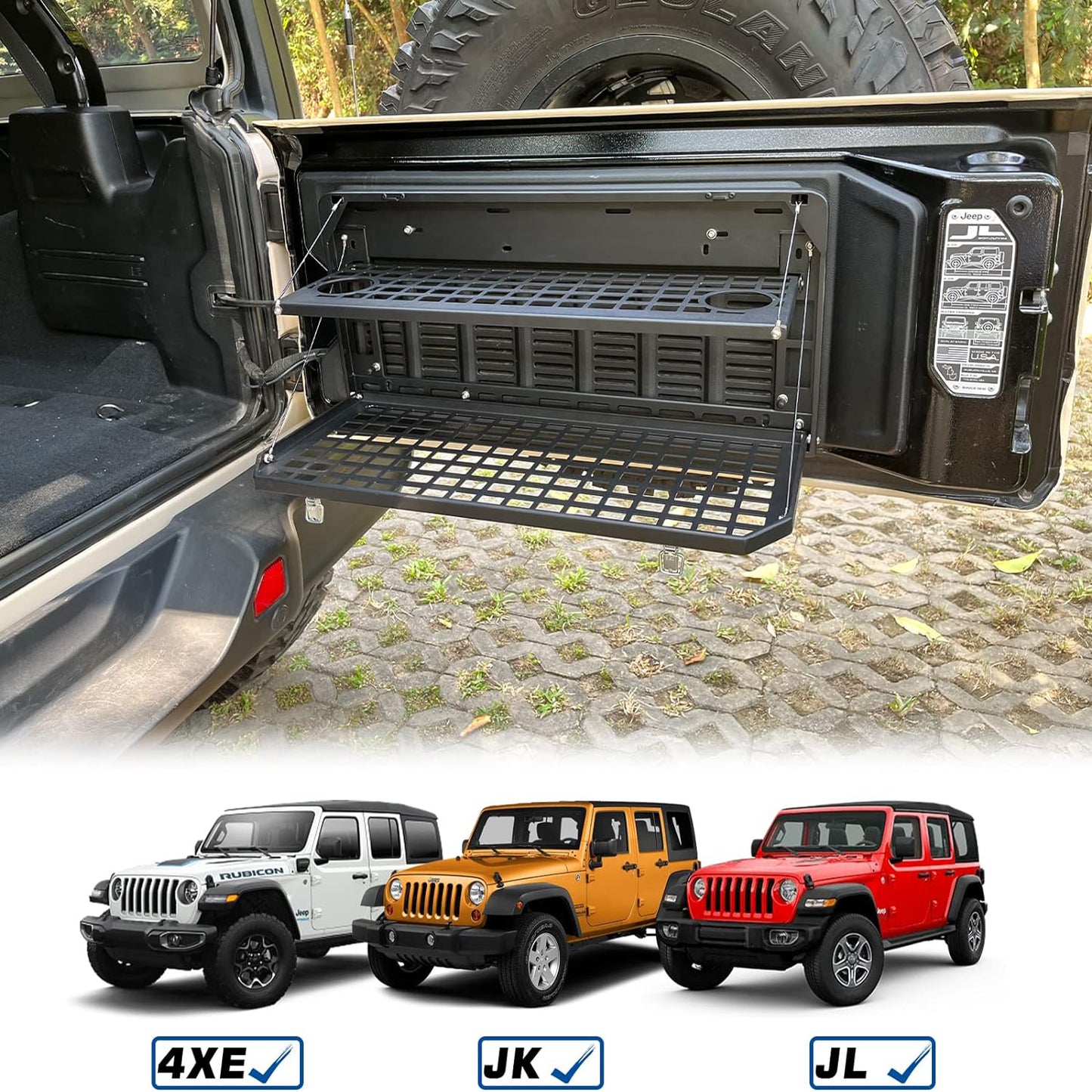 2-Tier Tailgate Table Rear Foldable Storage Cargo Rack Outdoor Camping Desk for 2007-2022 Jeep Wrangler JK&JL 4 Door (Not Fit JK Models with Stock Subwoofer)