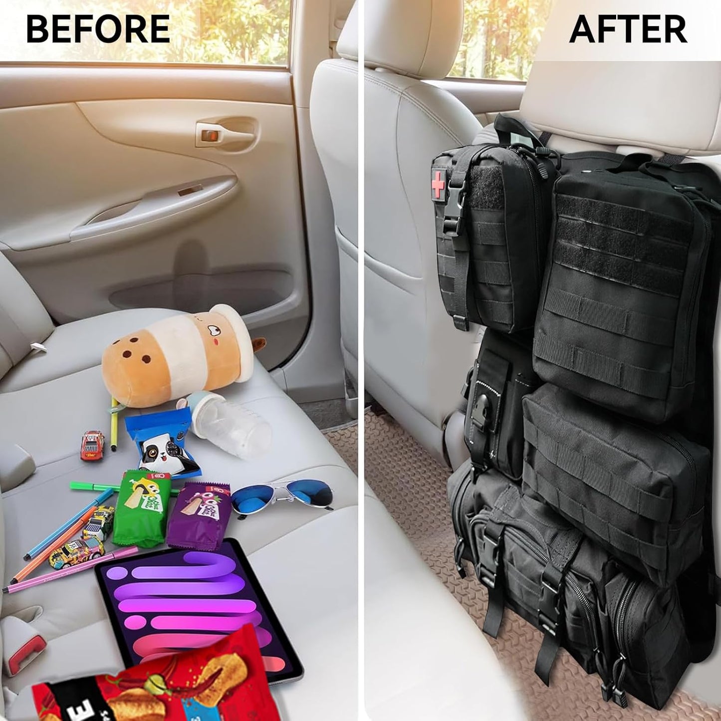 Universal Vehicle Seat Back Organizer with Molle Panel and 5 Detachable Pouches - Includes Waist Pack, Medical Kit, and Tool Pouches for Enhanced Organization