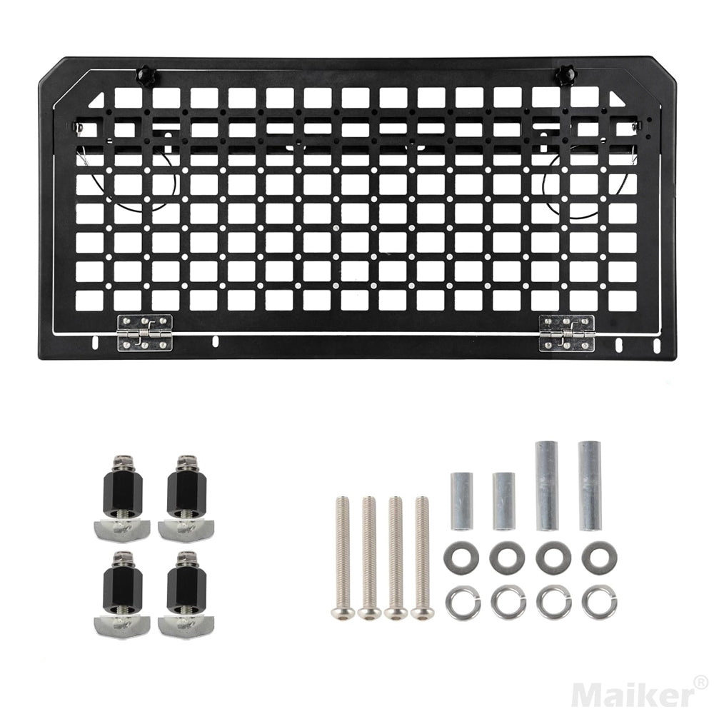 Tailgate Table Rear Foldable Cargo Shelf Aluminum Alloy Storage Shelf MOLLE Panel for Jeep Wrangler JK JKU JL JLUexcluding vehicles with speakers in the tailgate, like the 2-door Jeep Rubicon)