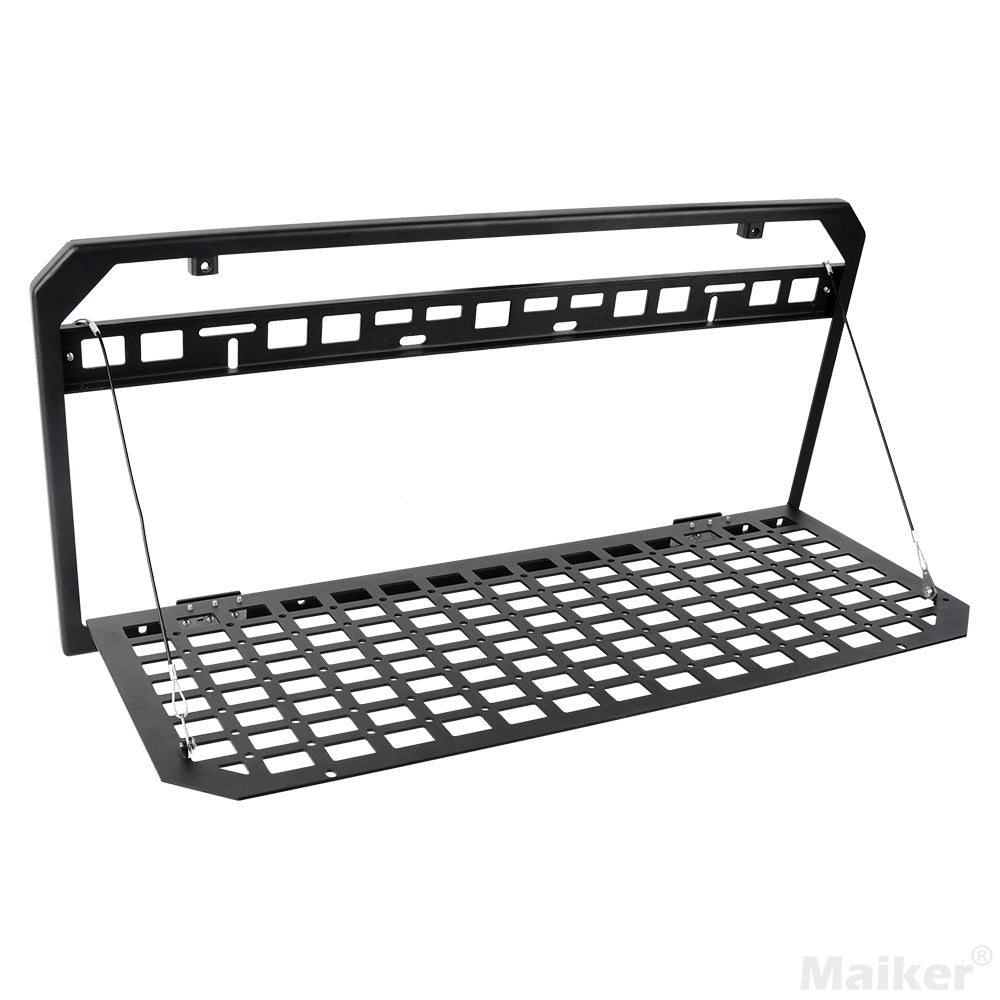 Tailgate Table Rear Foldable Cargo Shelf Aluminum Alloy Storage Shelf MOLLE Panel for Jeep Wrangler JK JKU JL JLUexcluding vehicles with speakers in the tailgate, like the 2-door Jeep Rubicon)