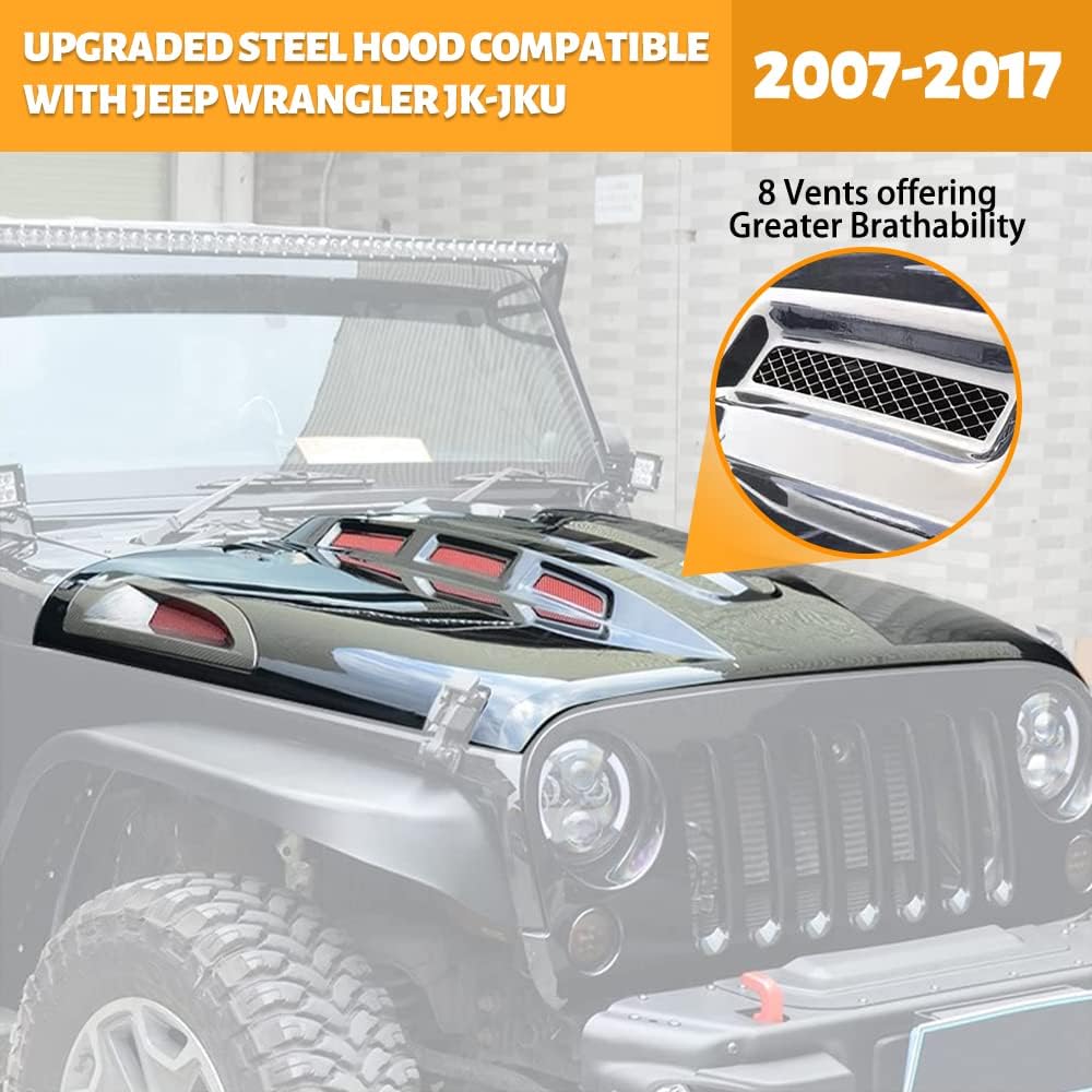 The Avenger Style Replacement Hood Compatible with 2007-2017 Wrangler JK JKU Unlimited Rubicon