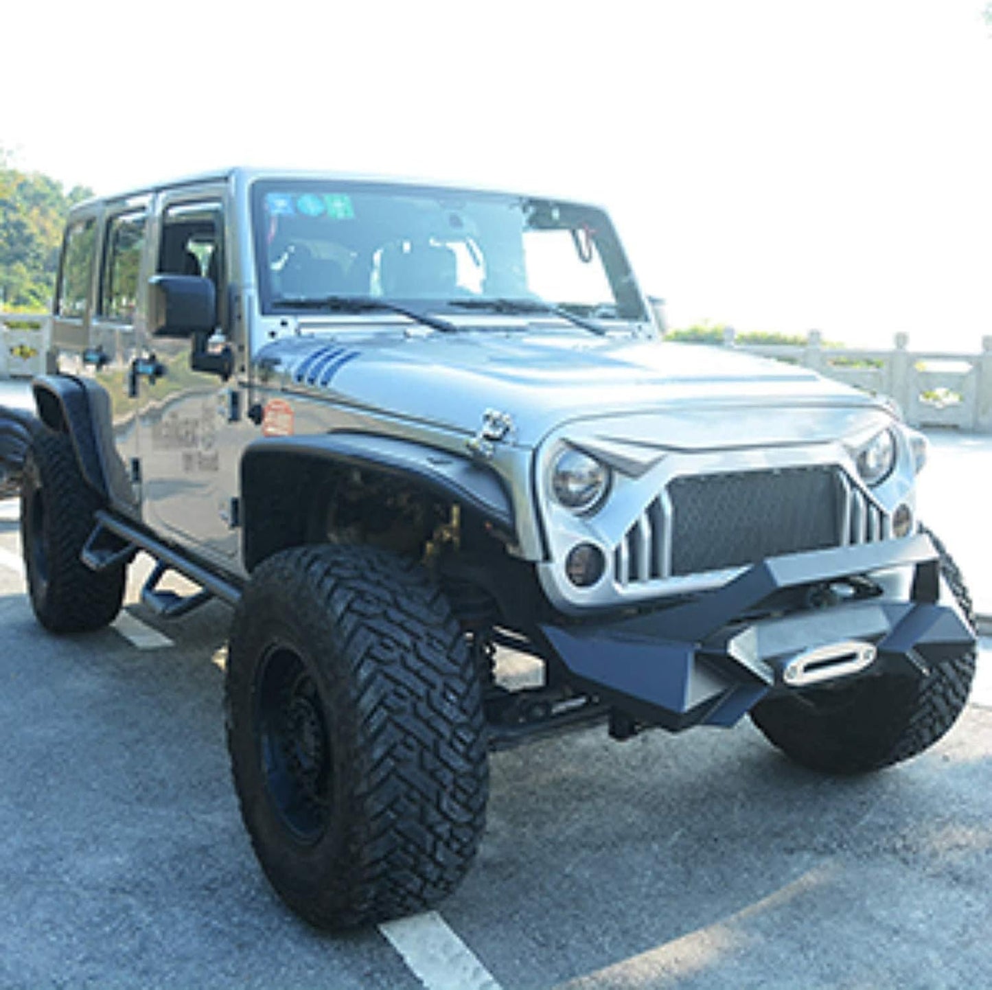 Heavy-Duty Front Bumper with Winch Plate for Wrangler JK (2007-2018)JL - Robust Black Textured Manganese Steel Construction, Ideal for On and Off-Road Adventures