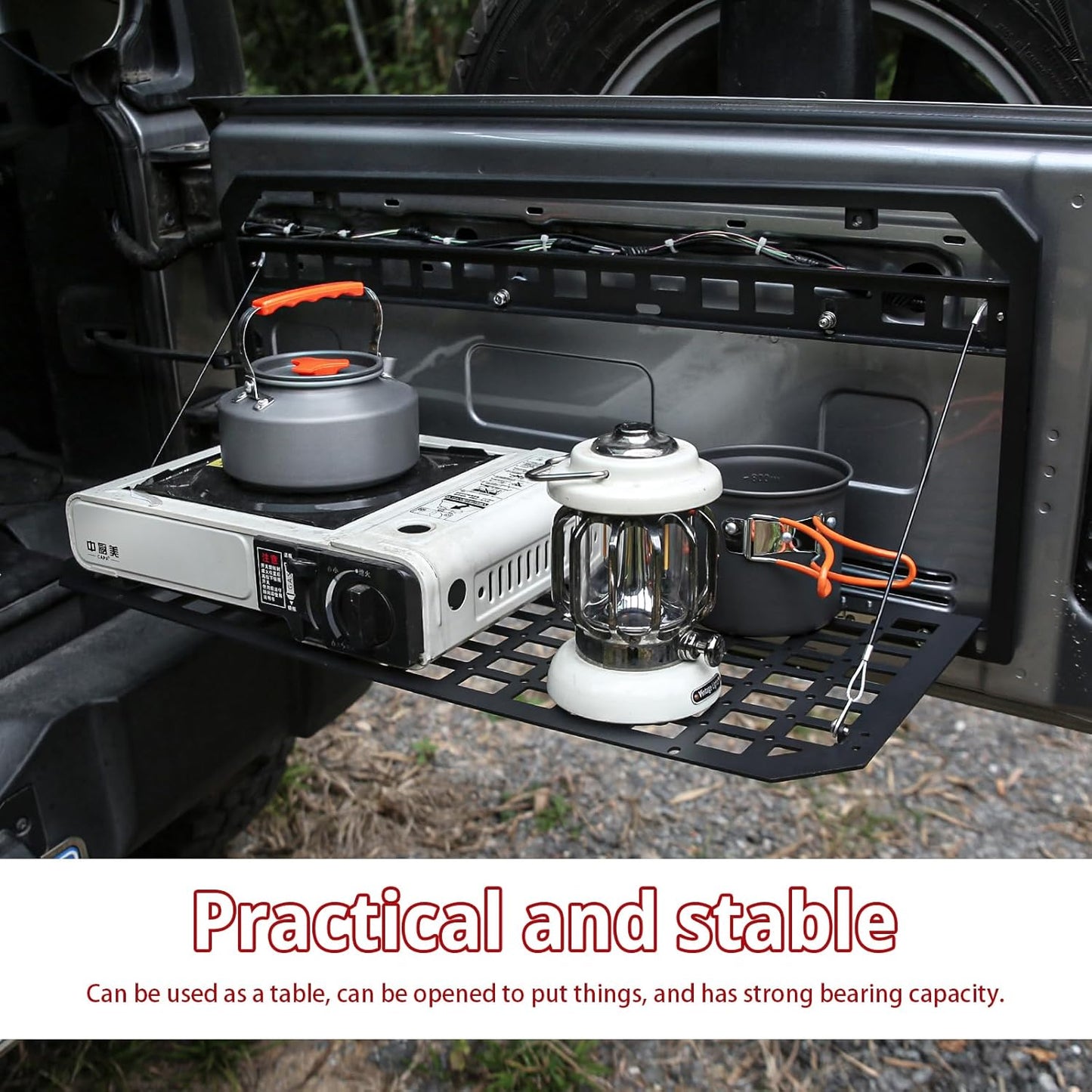 Tailgate Table Rear Foldable Cargo Shelf Aluminum Alloy Storage Shelf MOLLE Panel for Jeep Wrangler JK JKU JL JLUexcluding vehicles with speakers in the tailgate, like the 2-door Jeep Rubicon)