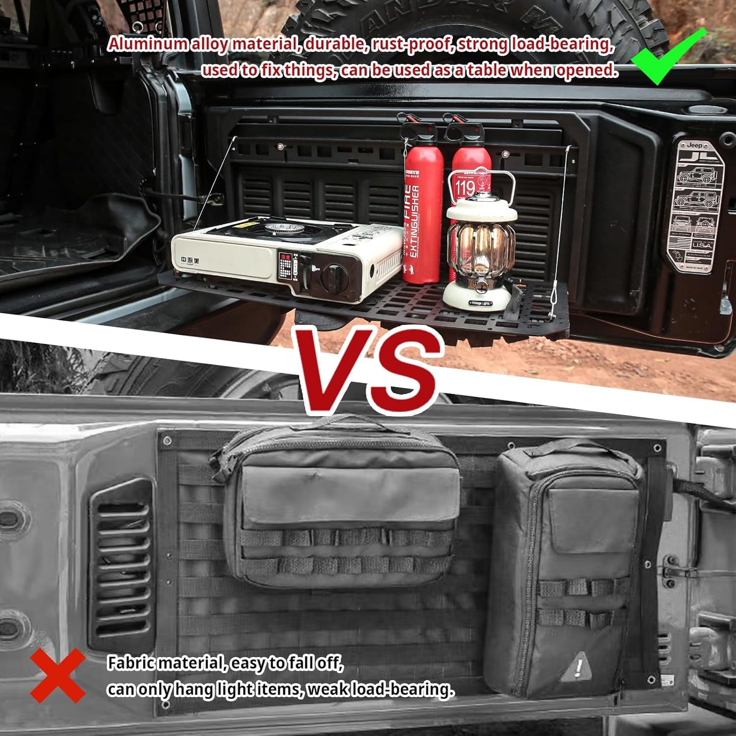 Tailgate Table Rear Foldable Cargo Shelf Aluminum Alloy Storage Shelf MOLLE Panel for Jeep Wrangler JK JKU JL JLUexcluding vehicles with speakers in the tailgate, like the 2-door Jeep Rubicon)