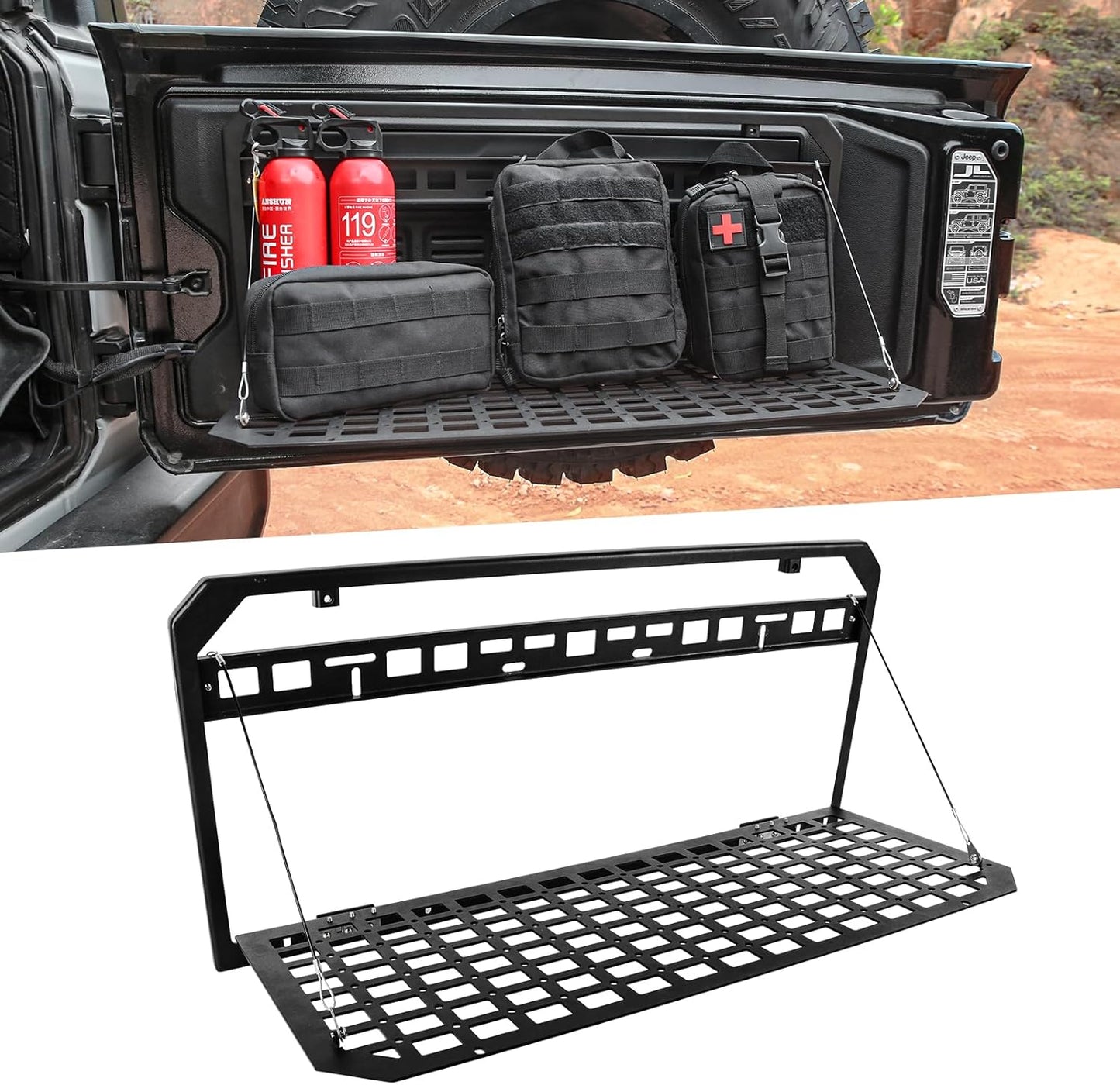 Tailgate Table Rear Foldable Cargo Shelf Aluminum Alloy Storage Shelf MOLLE Panel for Jeep Wrangler JK JKU JL JLUexcluding vehicles with speakers in the tailgate, like the 2-door Jeep Rubicon)