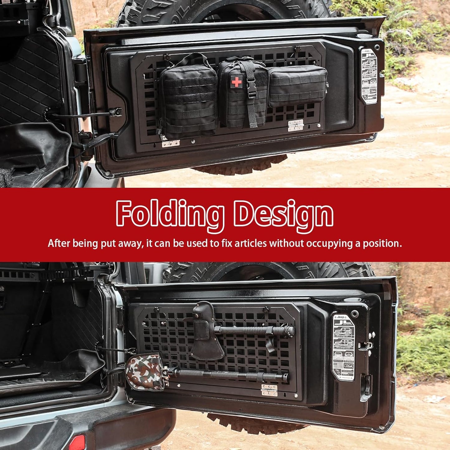 Tailgate Table Rear Foldable Cargo Shelf Aluminum Alloy Storage Shelf MOLLE Panel for Jeep Wrangler JK JKU JL JLUexcluding vehicles with speakers in the tailgate, like the 2-door Jeep Rubicon)