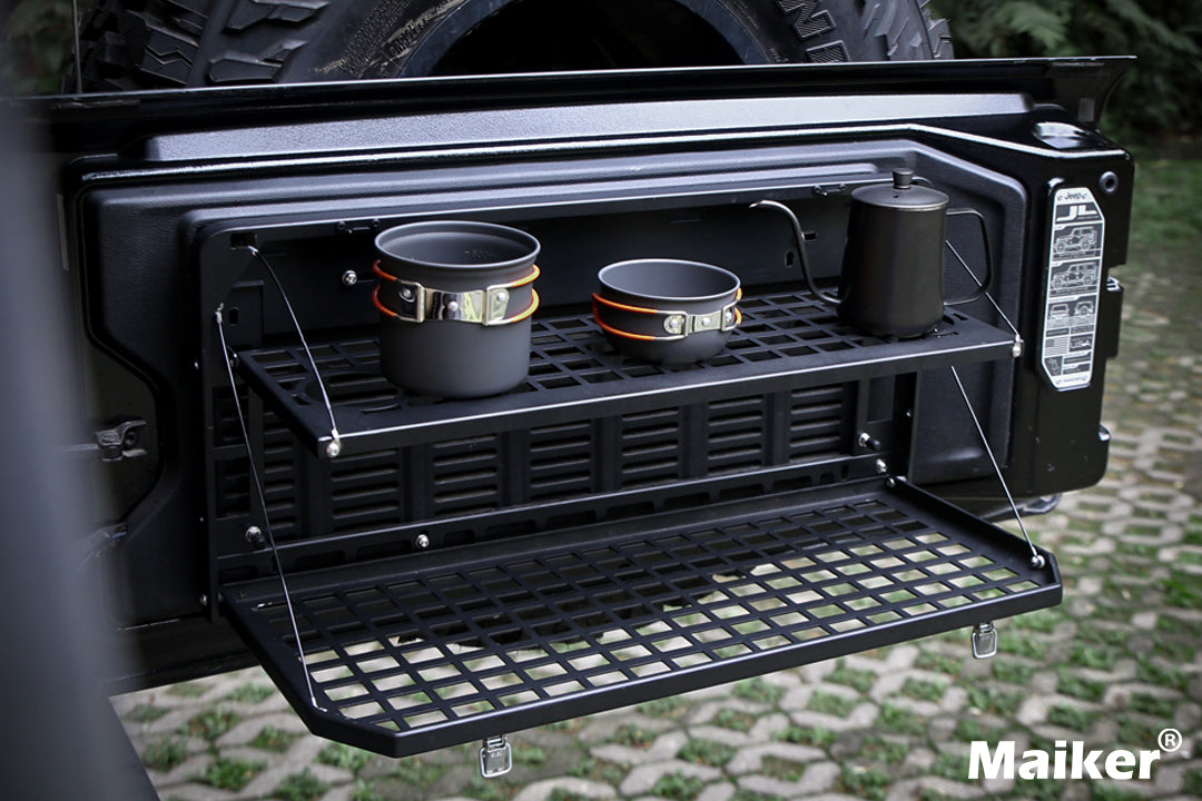 2-Tier Tailgate Table Rear Foldable Storage Cargo Rack Outdoor Camping Desk for 2007-2022 Jeep Wrangler JK&JL 4 Door (Not Fit JK Models with Stock Subwoofer)