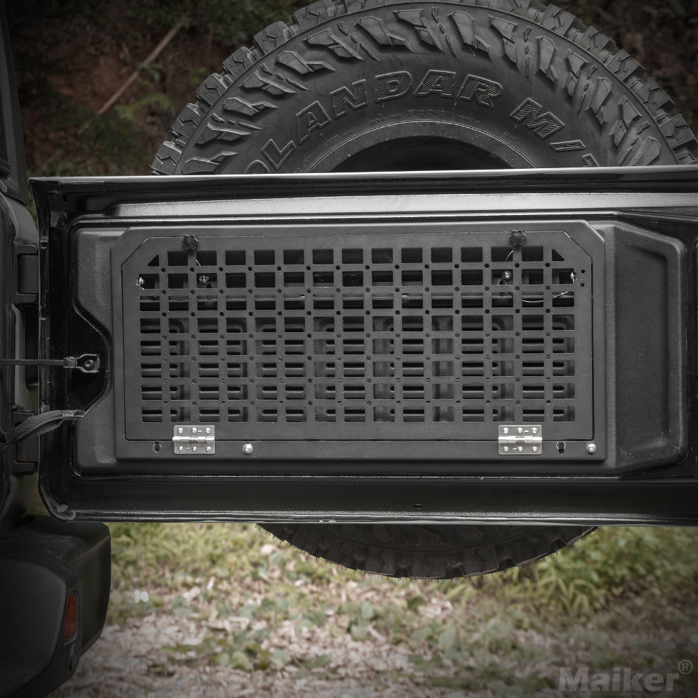 Tailgate Table Rear Foldable Cargo Shelf Aluminum Alloy Storage Shelf MOLLE Panel for Jeep Wrangler JK JKU JL JLUexcluding vehicles with speakers in the tailgate, like the 2-door Jeep Rubicon)
