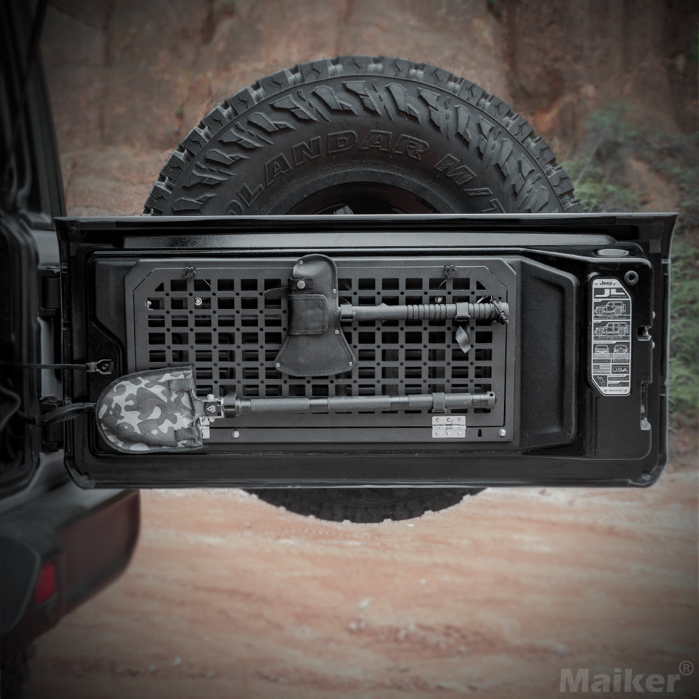 Tailgate Table Rear Foldable Cargo Shelf Aluminum Alloy Storage Shelf MOLLE Panel for Jeep Wrangler JK JKU JL JLUexcluding vehicles with speakers in the tailgate, like the 2-door Jeep Rubicon)