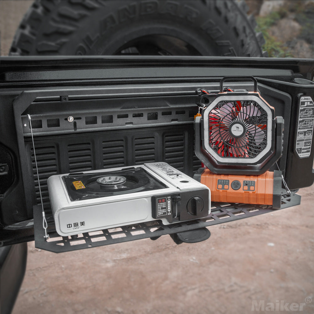 Tailgate Table Rear Foldable Cargo Shelf Aluminum Alloy Storage Shelf MOLLE Panel for Jeep Wrangler JK JKU JL JLUexcluding vehicles with speakers in the tailgate, like the 2-door Jeep Rubicon)