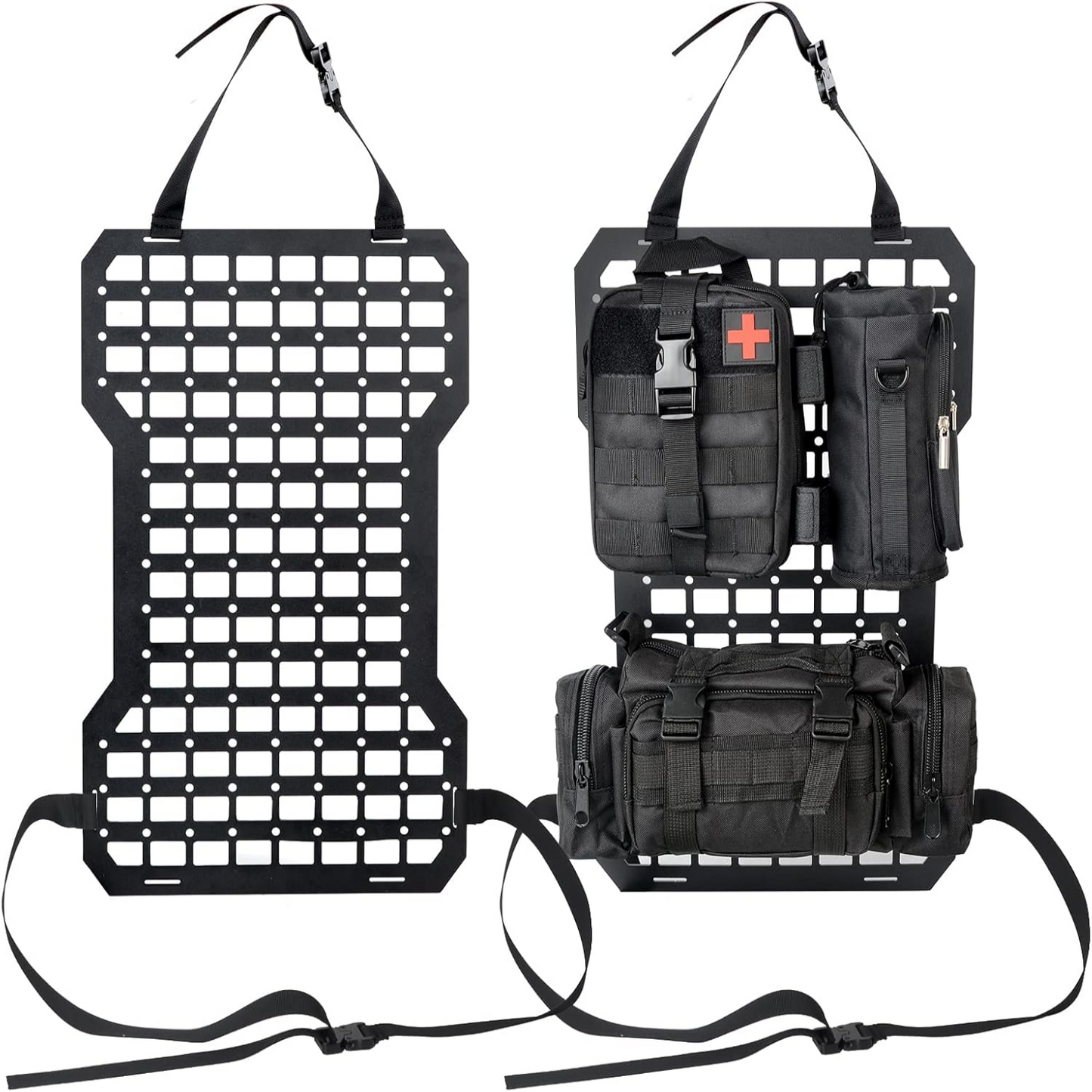 Rigid Aluminum MOLLE Seat Panel, Universal Car Tactical Seat Organizer Kit with First Aid Kit, Water Bottle Bag & Storage Pouches for Off-Road Overlanding