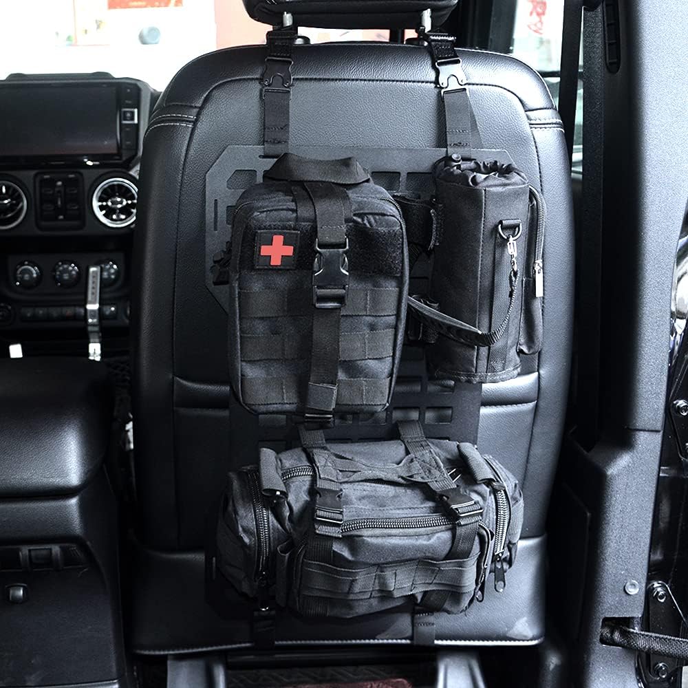 Rigid Aluminum MOLLE Seat Panel, Universal Car Tactical Seat Organizer Kit with First Aid Kit, Water Bottle Bag & Storage Pouches for Off-Road Overlanding
