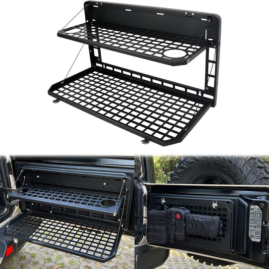 2-Tier Tailgate Table Rear Foldable Storage Cargo Rack Outdoor Camping Desk for 2007-2022 Jeep Wrangler JK&JL 4 Door (Not Fit JK Models with Stock Subwoofer)