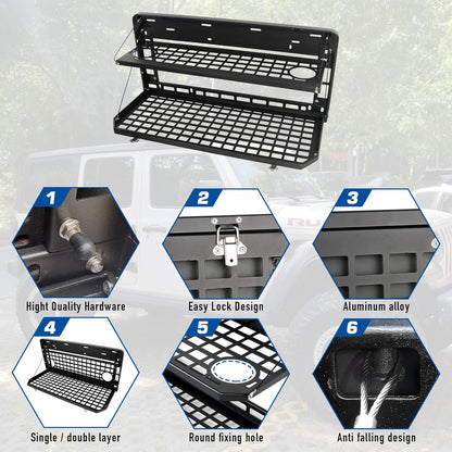 2-Tier Tailgate Table Rear Foldable Storage Cargo Rack Outdoor Camping Desk for 2007-2022 Jeep Wrangler JK&JL 4 Door (Not Fit JK Models with Stock Subwoofer)