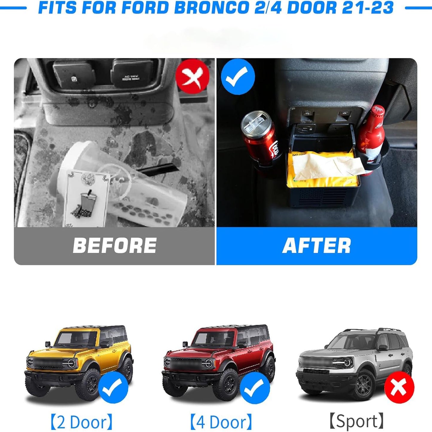 [$0.1]Bronco 2021-2023 4 Door (Not Sport) - Rear Seat Cup Holder Floor Console Storage Box