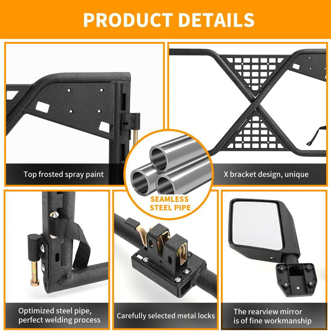 Rugged Tube Doors for Jeep Wrangler JK/JKU 4-Door Models: Safari-Ready Half Doors with Rearview Mirror for Off-Road Adventures