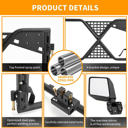 Rugged Tube Doors for Jeep Wrangler JK/JKU 4-Door Models: Safari-Ready Half Doors with Rearview Mirror for Off-Road Adventures