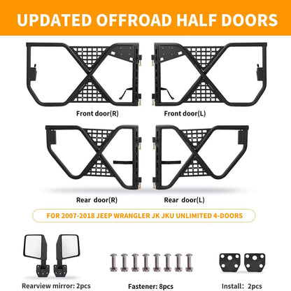 Rugged Tube Doors for Jeep Wrangler JK/JKU 4-Door Models: Safari-Ready Half Doors with Rearview Mirror for Off-Road Adventures