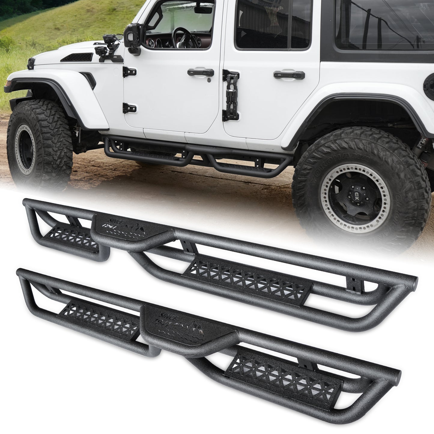 6‑Inch 2‑Step Running Boards Nerf Bars, Black Powder‑Coated Steel Side Steps Fit 2018‑2026 Jeep Wrangler JL 4‑Door, Bolt‑On Off‑Road Side Protection Rails