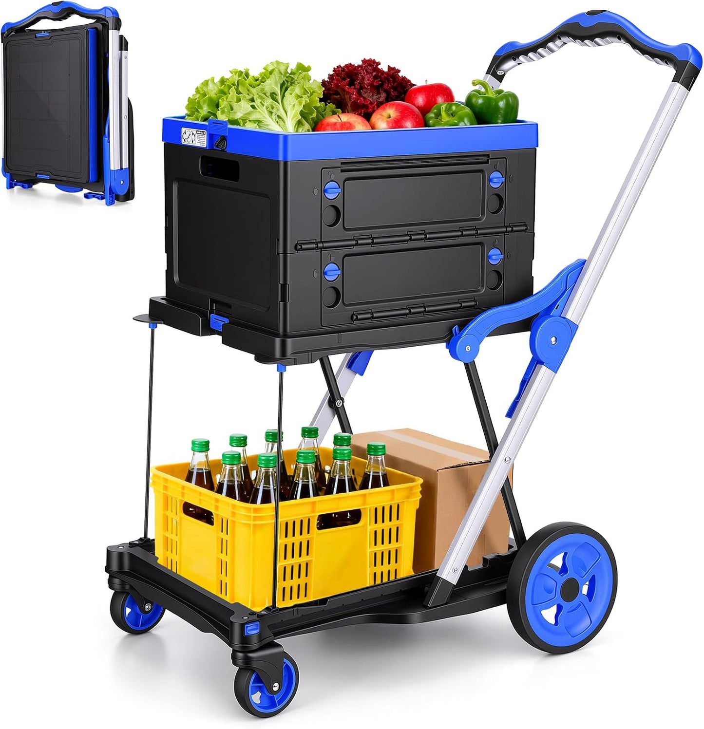 200lb Folding Shopping Cart — 2-Tier Collapsible Utility Hand Truck with Foldable Basket & Swivel Wheels