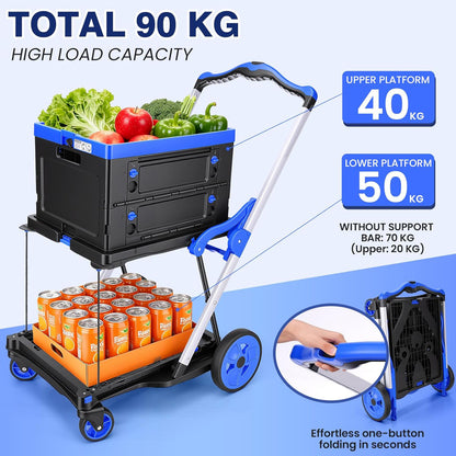 200lb Folding Shopping Cart — 2-Tier Collapsible Utility Hand Truck with Foldable Basket & Swivel Wheels