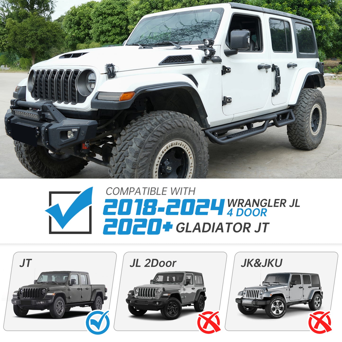 6‑Inch 2‑Step Running Boards Nerf Bars, Black Powder‑Coated Steel Side Steps Fit 2018‑2026 Jeep Wrangler JL 4‑Door, Bolt‑On Off‑Road Side Protection Rails