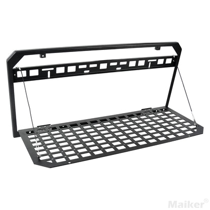 Tailgate Table Rear Foldable Cargo Shelf Aluminum Alloy Storage Shelf MOLLE Panel for Jeep Wrangler JK JKU JL JLUexcluding vehicles with speakers in the tailgate, like the 2-door Jeep Rubicon)