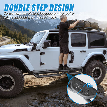 6‑Inch 2‑Step Running Boards Nerf Bars, Black Powder‑Coated Steel Side Steps Fit 2018‑2026 Jeep Wrangler JL 4‑Door, Bolt‑On Off‑Road Side Protection Rails