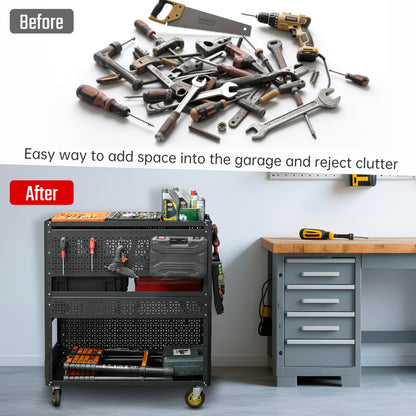 3-Tier Adjustable Rolling Tool Cart | Garage & Workshop Organizer w/ Steel Pegboard