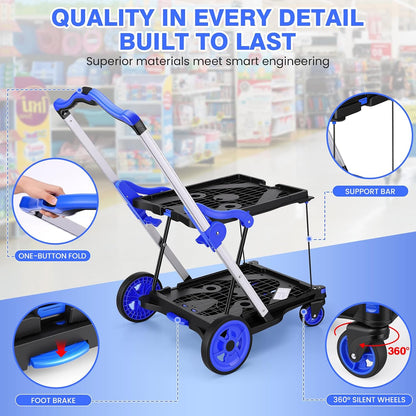 200lb Folding Shopping Cart — 2-Tier Collapsible Utility Hand Truck with Foldable Basket & Swivel Wheels