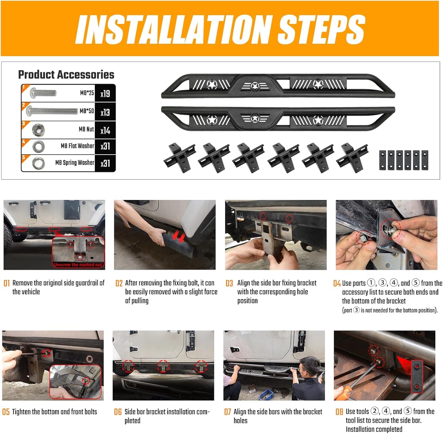 2-Stairs Stepped Running Boards Compatible with Jeep Wrangler JKU 2007-2018 4 Doors