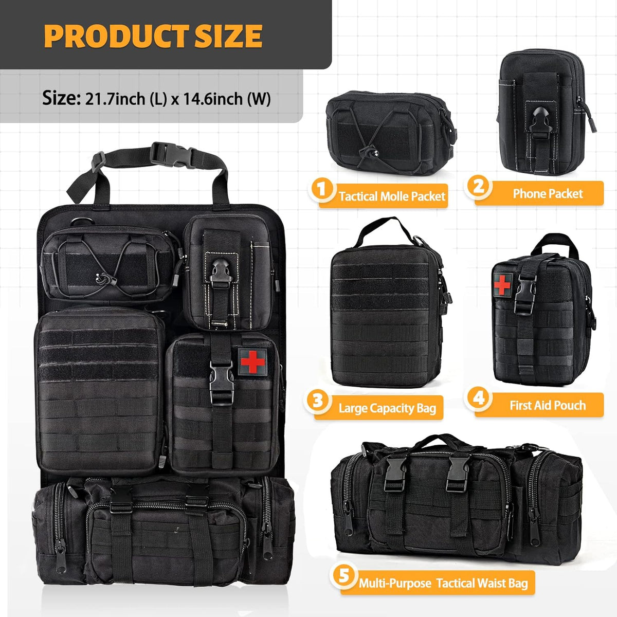 Tactical Car Seat Back Organizer With 5 Pouch