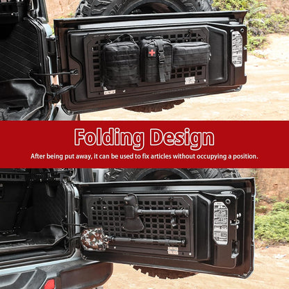 Tailgate Table Rear Foldable Cargo Shelf Aluminum Alloy Storage Shelf MOLLE Panel for Jeep Wrangler JK JKU JL JLUexcluding vehicles with speakers in the tailgate, like the 2-door Jeep Rubicon)