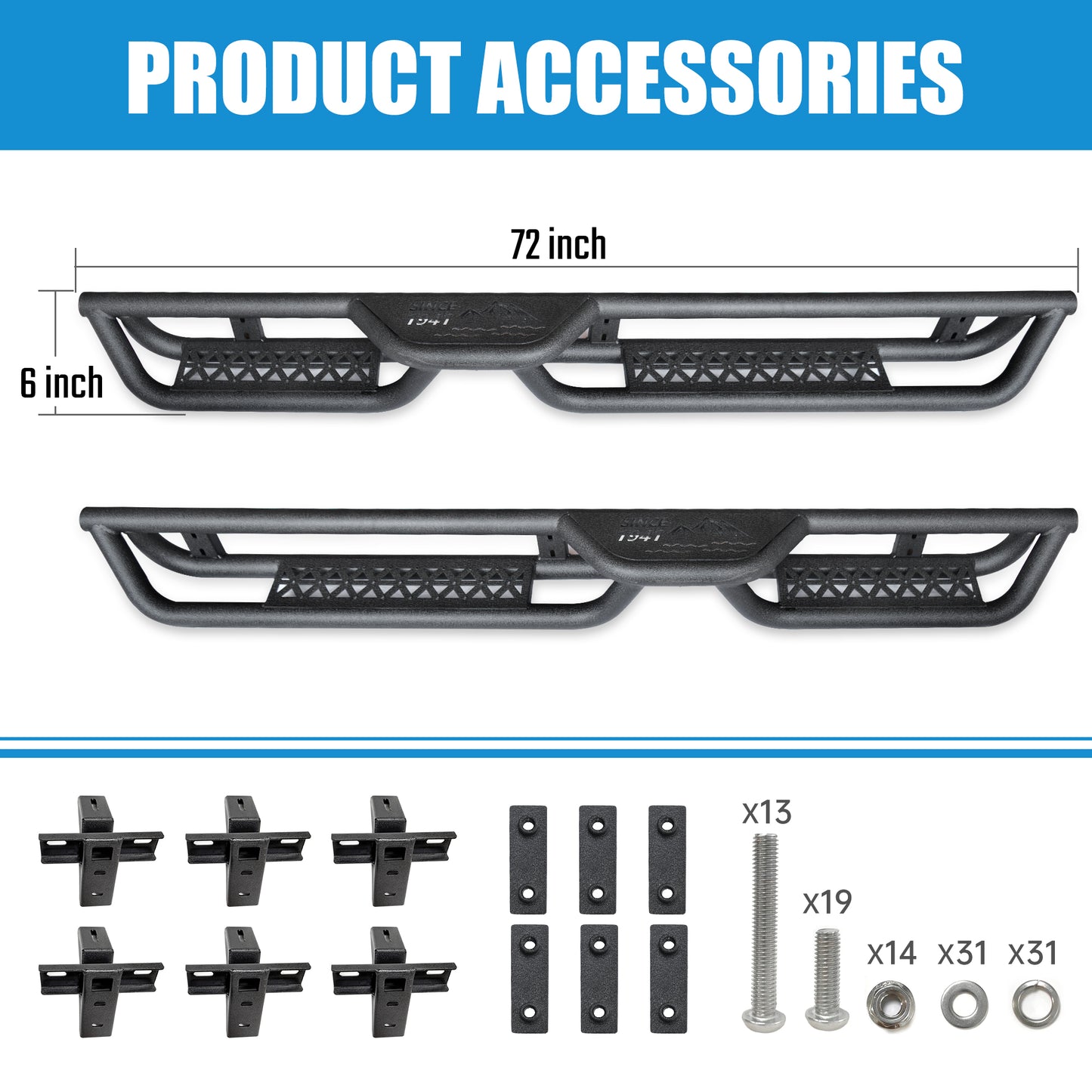 6‑Inch 2‑Step Running Boards Nerf Bars, Black Powder‑Coated Steel Side Steps Fit 2018‑2026 Jeep Wrangler JL 4‑Door, Bolt‑On Off‑Road Side Protection Rails